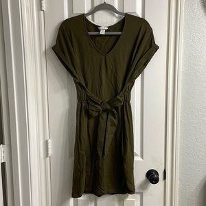 Army Green T-Shirt Dress with Tie